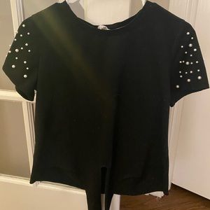 Black Top With Pearls On Sleeves